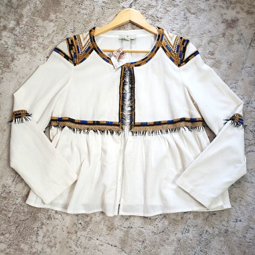 Del Lago Medium NWT Beige Long Sleeve Boho Beaded Embroidered Cropped Jacket